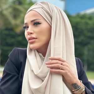Beige Modest Bonnet Hijab with Attached Crepe Shawl and Soft Viscose Front, Padded Comfort for Muslim Women and Events