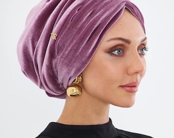 Handmade Mauve Velvet Turban Bonnet With Draped Design And Cotton Lining For Muslim Women’s Elegant Modest Hijab Head Cover