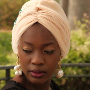 Cream Modest Bridal Turban Bonnet with Beaded Tulle and Comfortable Cotton Lining, Handmade for Weddings and Formal Looks