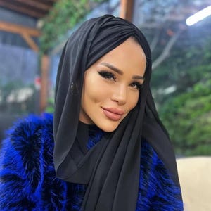 Modest Black Piano Bonnet Hijab with Sewn Shawl Crepe Chiffon Lightweight Scarf for Muslim Women Formal or Everyday Style