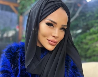 Svart pianohatt hijab med sydd sjal i crepe chiffong, lätt halsduk för muslimska kvinnor, formell eller vardaglig stil
