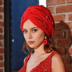 Red Bridal Turban Bonnet with Embroidered Tulle, Supportive Fit and Soft Cotton Interior for Modest Wedding or Party Looks