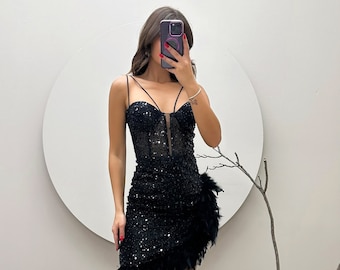 Rope strap gloped feather detail evening dress, 28623