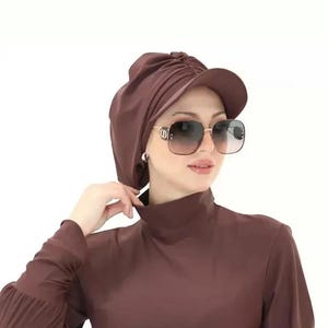 Handmade Brown Modest Swim Bonnet with Visor, Water-Repellent Quick-Dry Polyamide Elastane Cap for Sea or Pool Wear
