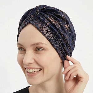 Navy Gold Pattern Turban Bonnet for Women, Modest Hijab Headwrap, Elegant Draped Muslim Head Cover, Chemo Headwear, Desenli-Fukuro-Laci
