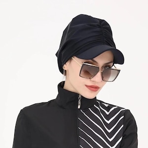 Handmade Black Swim Cap Bonnet with Visor, Quick-Dry Polyamide Elastane Modest Hijab Swimwear for Pool, Beach, and Water Sports