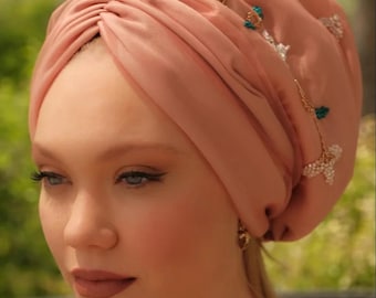 Romantic Peach Modest Bridal Turban Bonnet with Embroidered Tulle, Padded Volume and Soft Cotton Inner Layer for Special Days