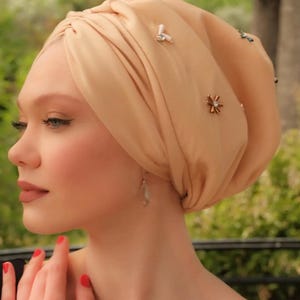 Elegant Beige Hijab Bonnet with Feminine Tulle and Bead Details, Soft Cotton Lining and Supportive Fit for Modest Occasions