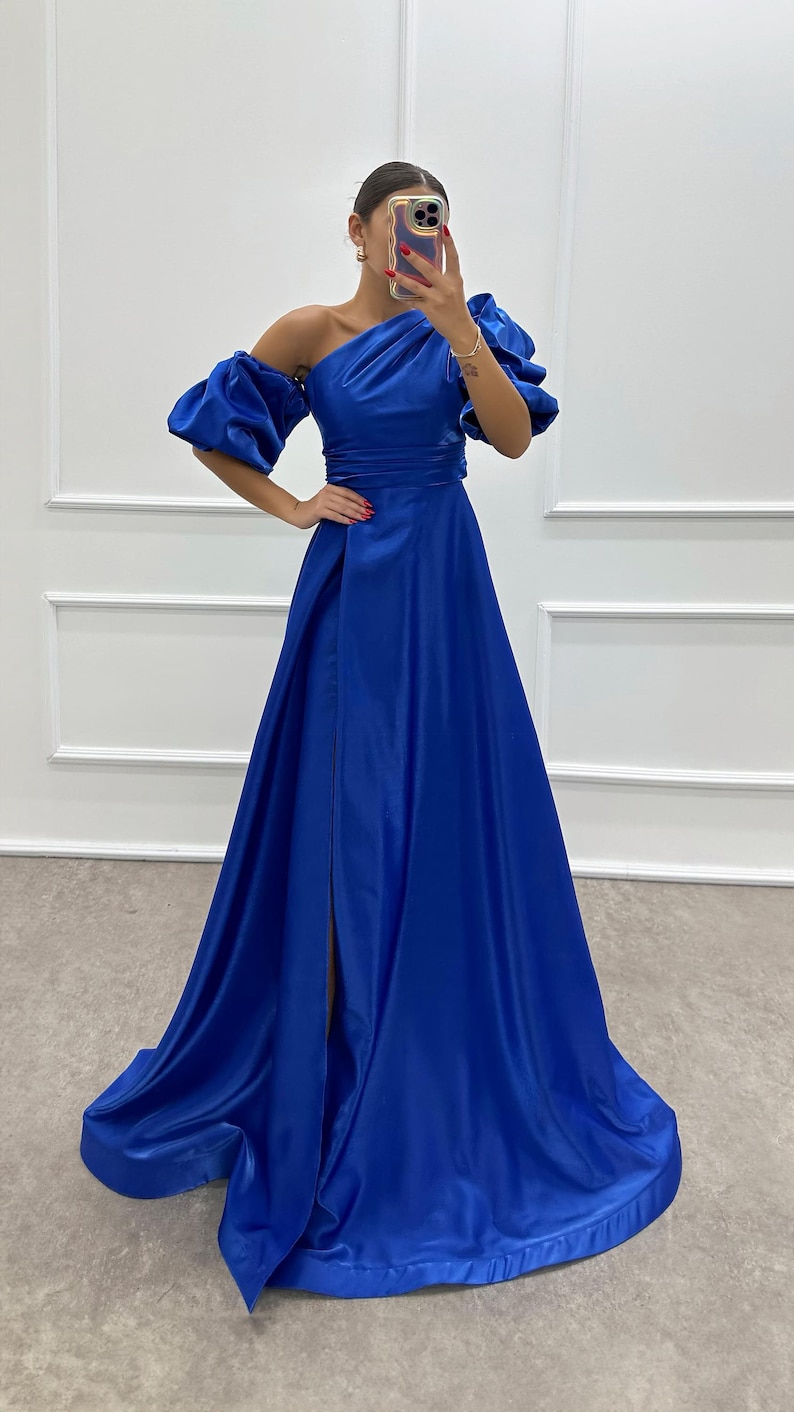 13940 Blue One Shoulder Satin Detail Dress