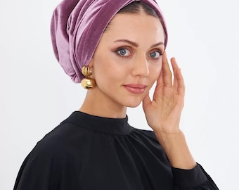 Handmade Dusty Rose Velvet Turban Bonnet With Draped Twist Design And Padded Cotton Lined Interior For Elegant Modest Muslim Wear