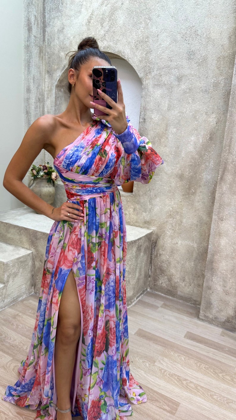 One Shoulder Ruffle Slit Dress With Floral Waist Mist main image 1