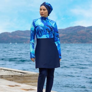 Stylish Blue Sparkle Modest Swimsuit Set, Breathable Full Coverage Swimwear for Beach, Resort & Modest Water Activities