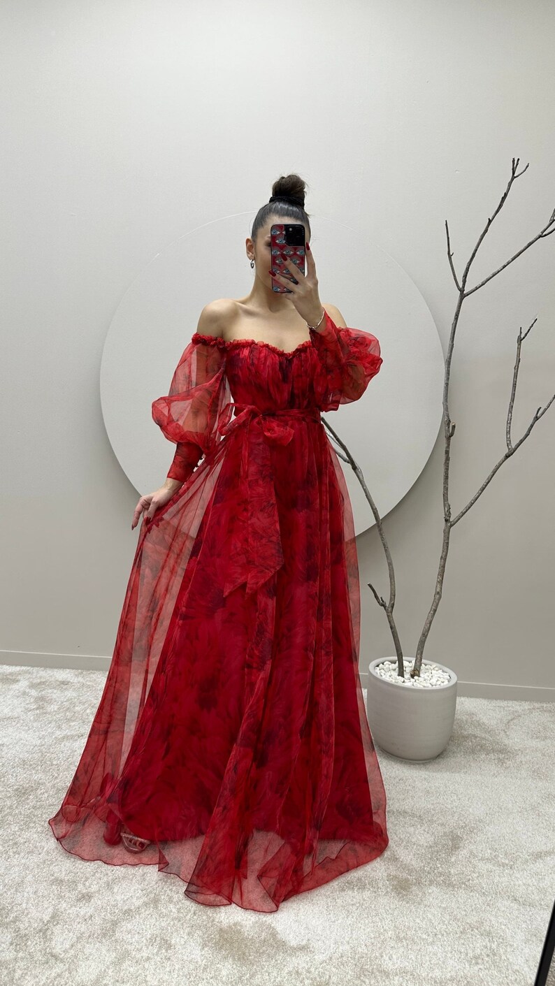 2370 Red Tie Waist Balloon Sleeve Dress