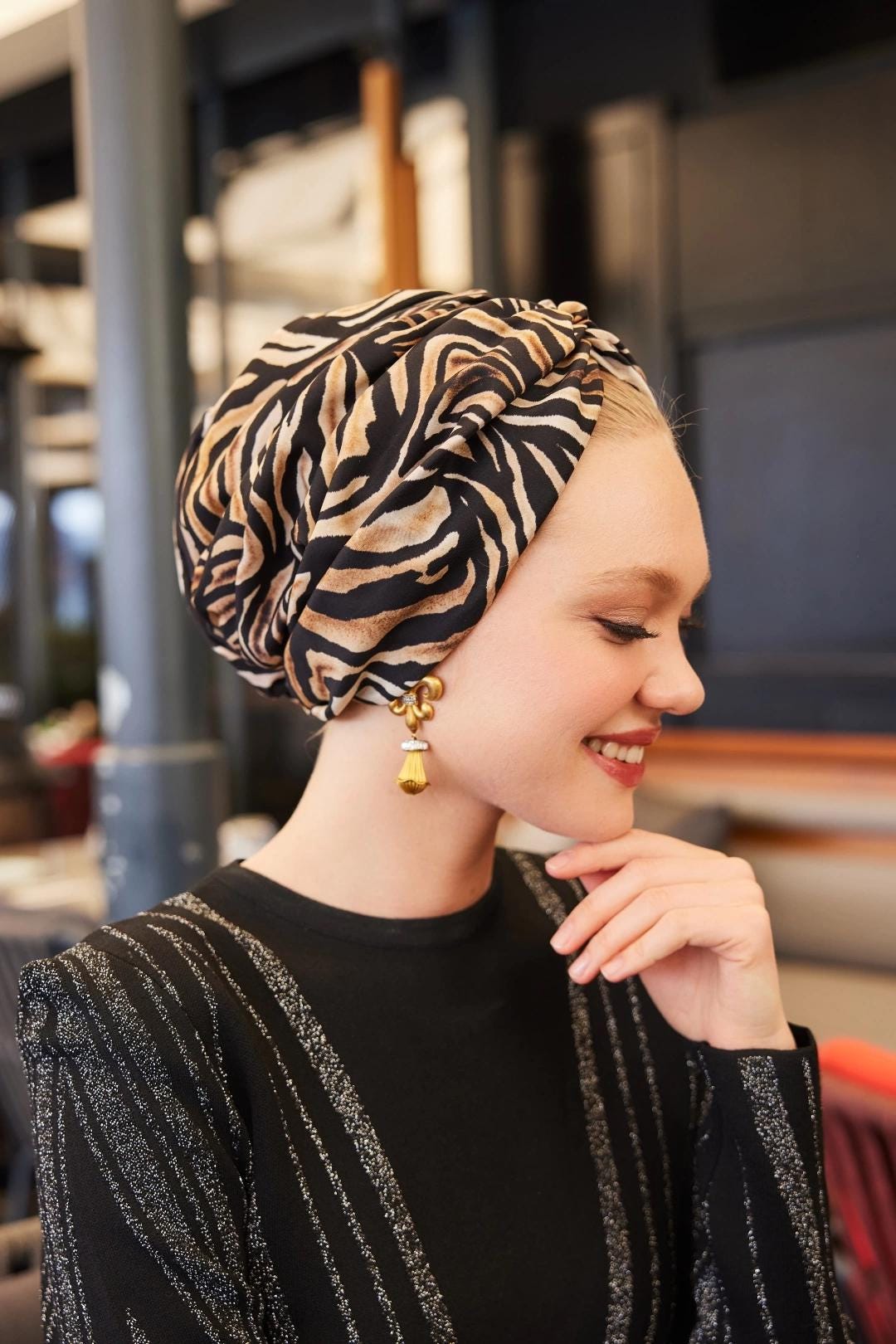 Elegant Zebra Print Silk Turban Bonnet, Handmade Headwrap  display picture 1