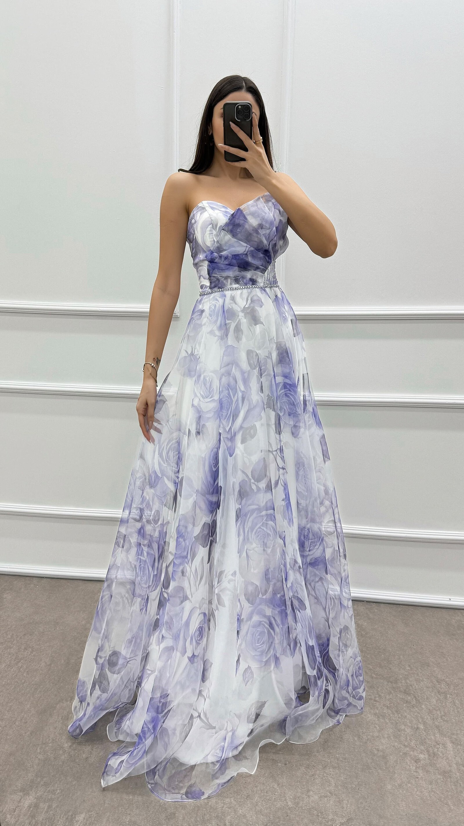 Strapless patterned chest detail chiffon dress,28363