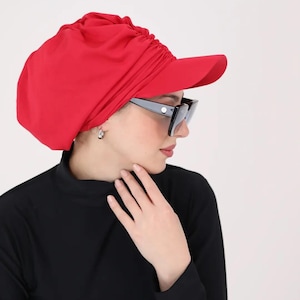 Modest Red Swim Hijab Cap with Ruched Design, Handmade Quick-Dry Flexible Fabric and Secure Fit for Muslim Women and Swimmers