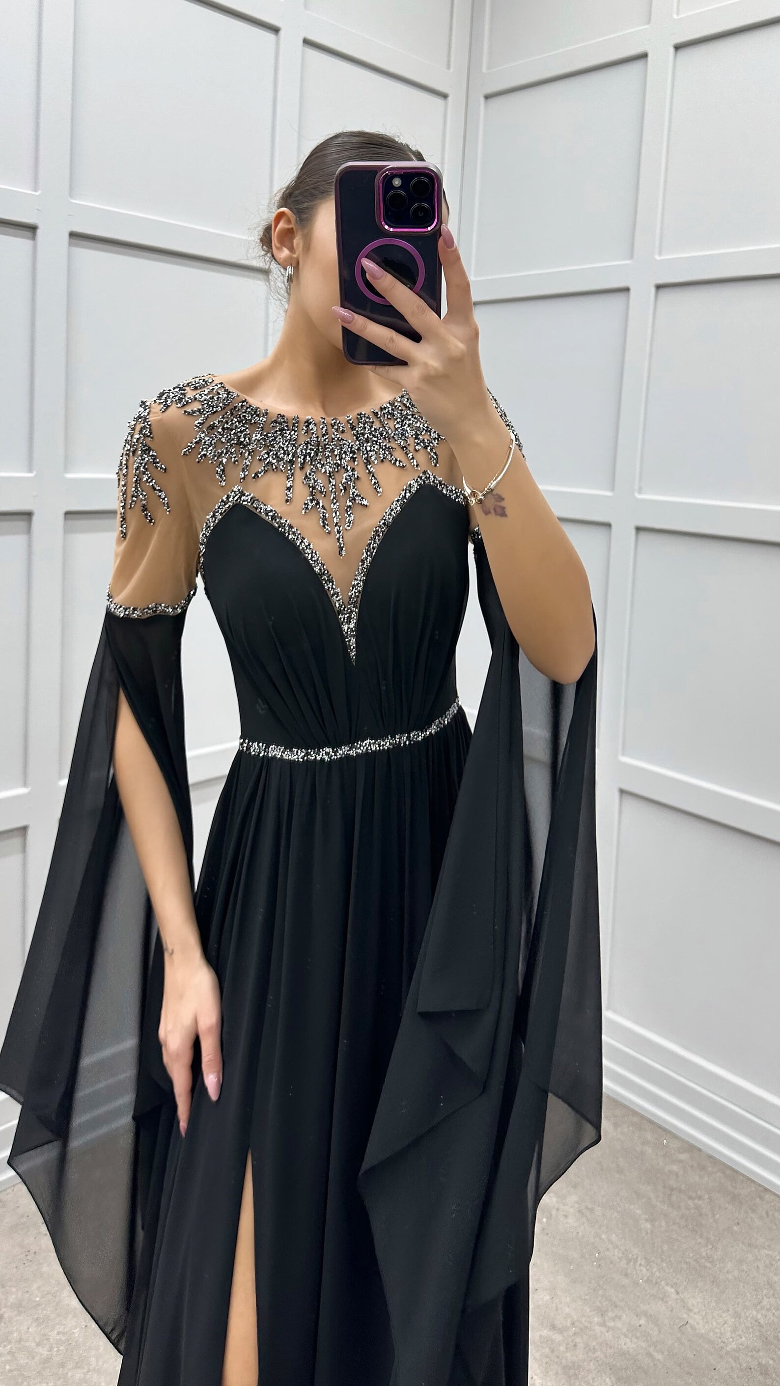 16476 Black Contrast Embroidered Sleeve Dress