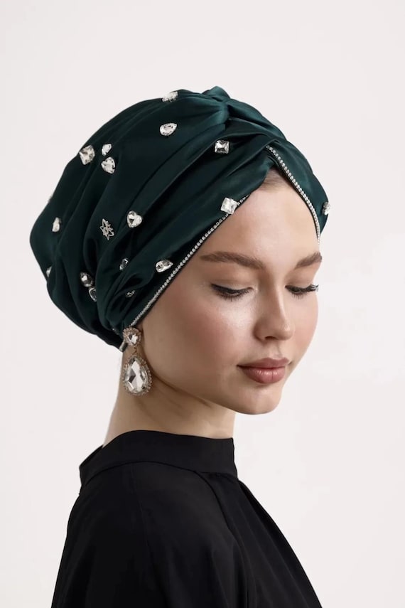 Emerald Green Satin Turban Bonnet | Handmade Crystal  display picture 2
