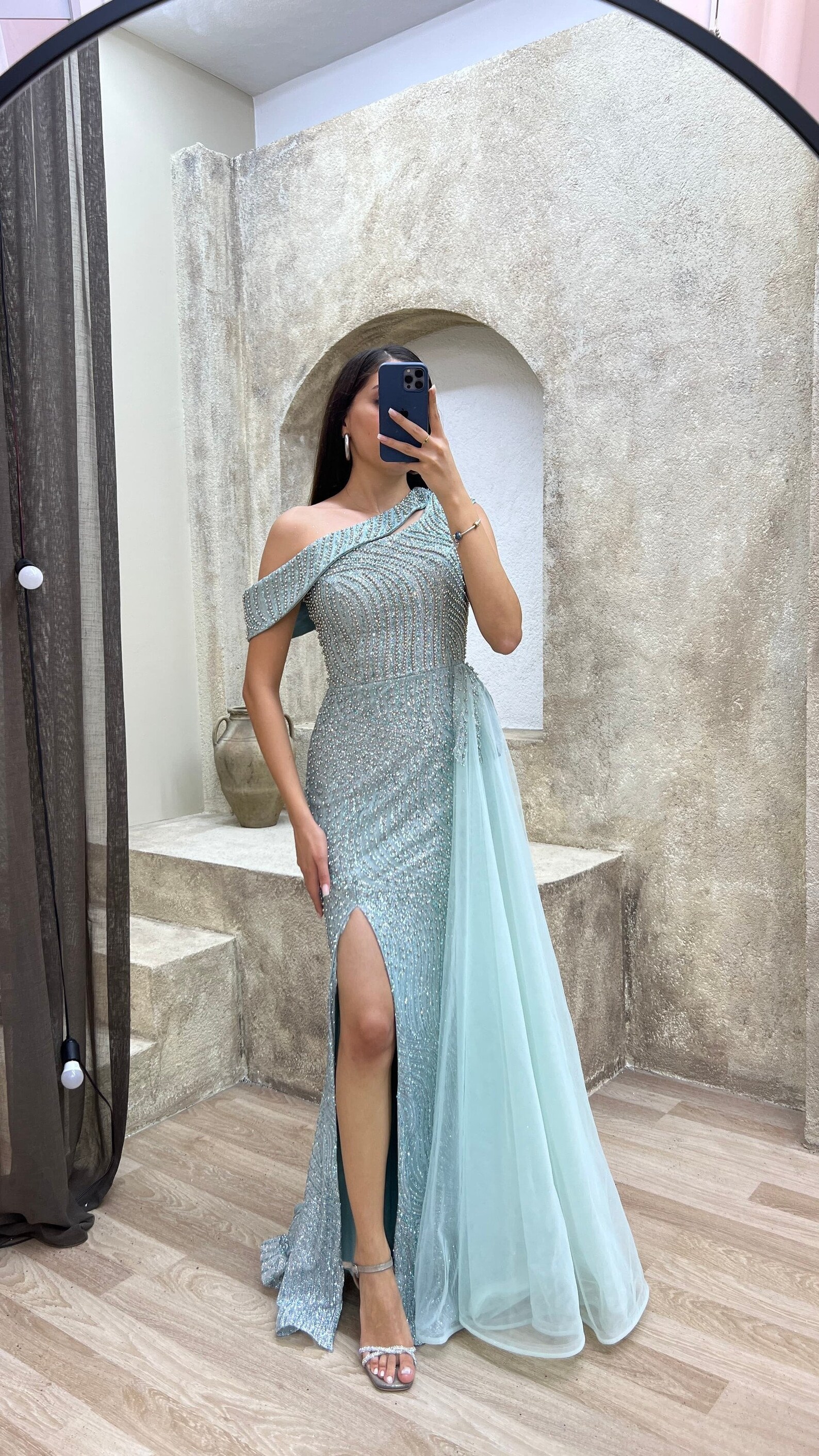 19202 Ecru Shimmer Detail Tulle Dress