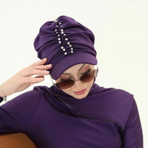 Purple Swim Turban Bonnet with Sparkling Row Stones and Visor, Handmade Quick-Dry Water-Repellent Modest Hijab Headwear