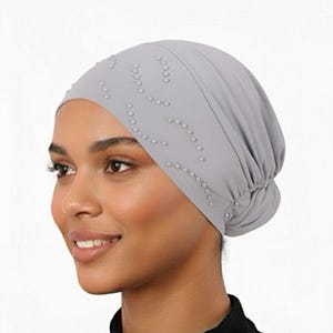 Gray Hijab Bonnet for Women, Modest Turban Head Scarf, Chemo Headwear Cap, Beaded Islamic Underscarf, Topuzlu-Gri