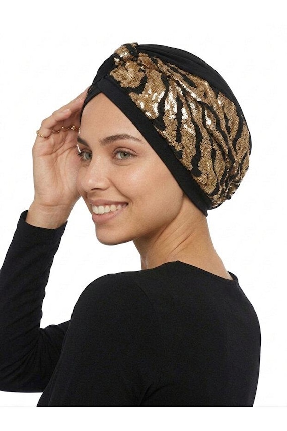 Black and Gold Turban Bonnet for Women Elegant Hijab Head Scarf Modest Chemo Cap Formal Event Headwear, Ozel-Siyah-Altin-Payet