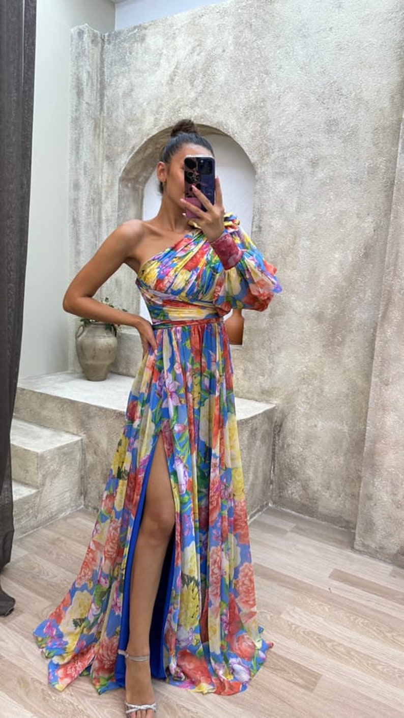 One Shoulder Ruffle Slit Dress With Floral Waist Peacock