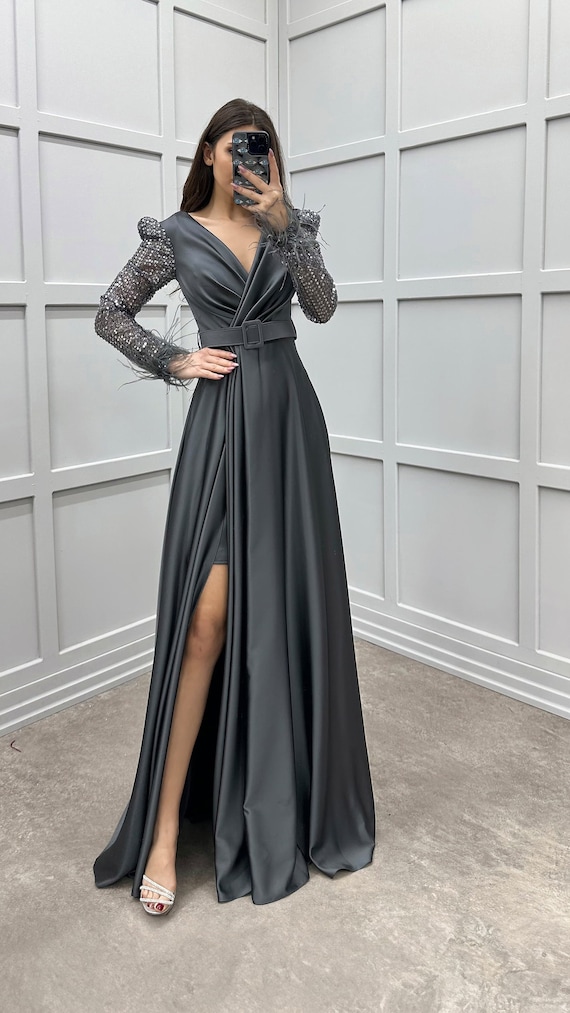 Sleeves Feather Sleeves Embroidered Design Satin Evening Dress 27781 Etsy