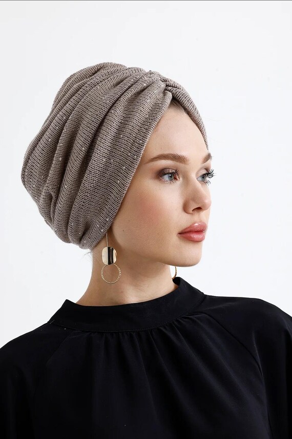 Handmade Taupe Knitted Turban Bonnet With Soft Cotton Lining  display picture 3