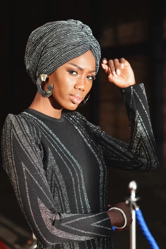 Black Silver Viscose Turban Bonnet Handmade Modest Padded Hijab
