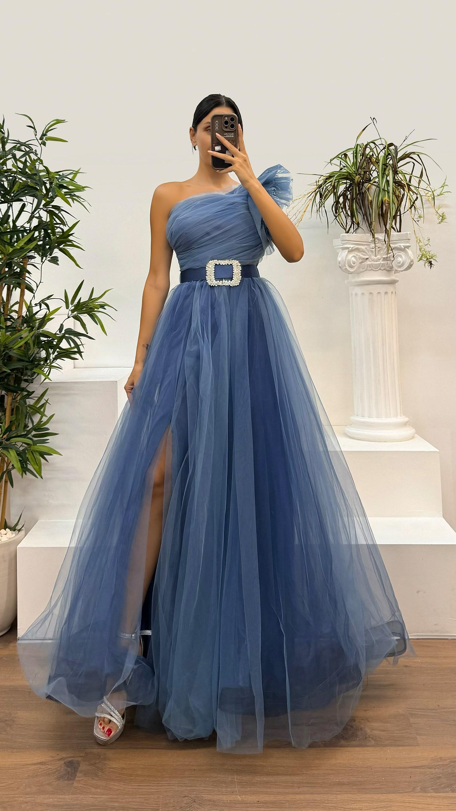 Flaming Astmmetrical One Shoulder Embroidered Tulle Dress main image 1