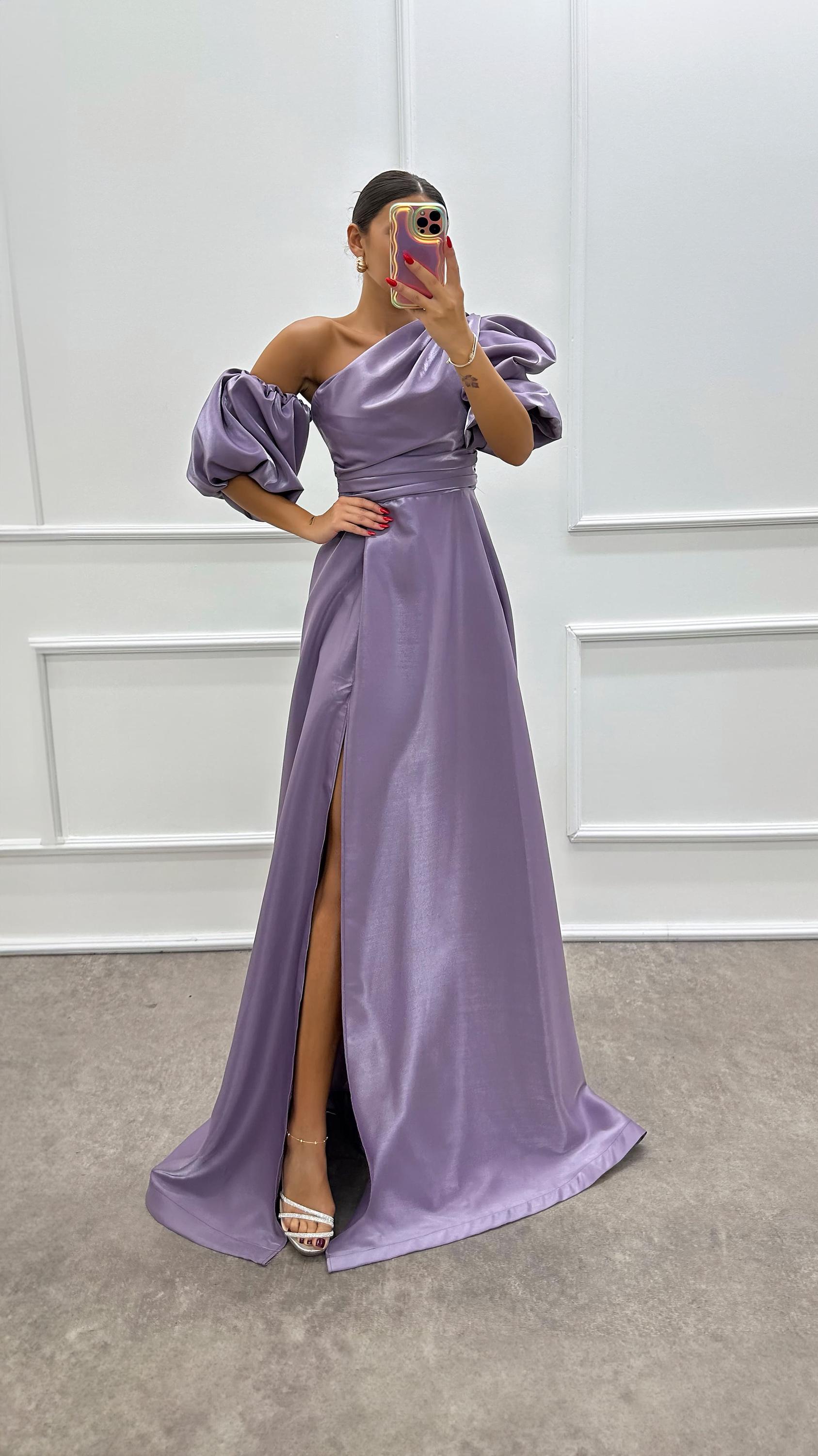 Gradient Satin One-Shoulder Dress With Back Twist Detail