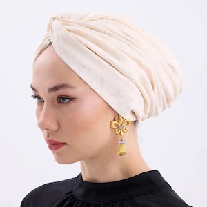 Handmade Ivory Silk Turban Bonnet with Cotton Lining, Elegant Modest Hijab for Weddings, Reversible Draped and Twisted Design