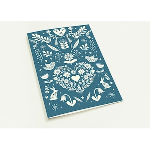 Cartes de voeux bleues au design folklorique - Lot de 10 - Cartes écologiques - Finition mate ou soyeuse