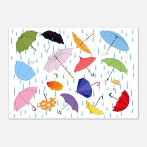 Puede incluir: Una colección de paraguas coloridos de varias formas y tamaños sobre un fondo blanco con gotas de lluvia azules. Los paraguas son en tonos de verde, negro, rosa, naranja, morado, amarillo y azul, creando un diseño alegre y caprichoso.