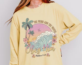 Kristen komfortfärger långärmad skjorta kristen merchandise sommar strandkläder Matteus 8:27 bibelvers skriftställe skjorta