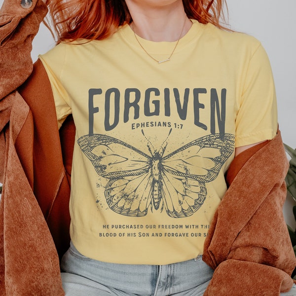 Forgiven Christian Comfort Colors Tshirt Gospel Womens Butterfly Tee Bible Verse Shirt Scripture Shirt Christian Merch Christian Streetwear