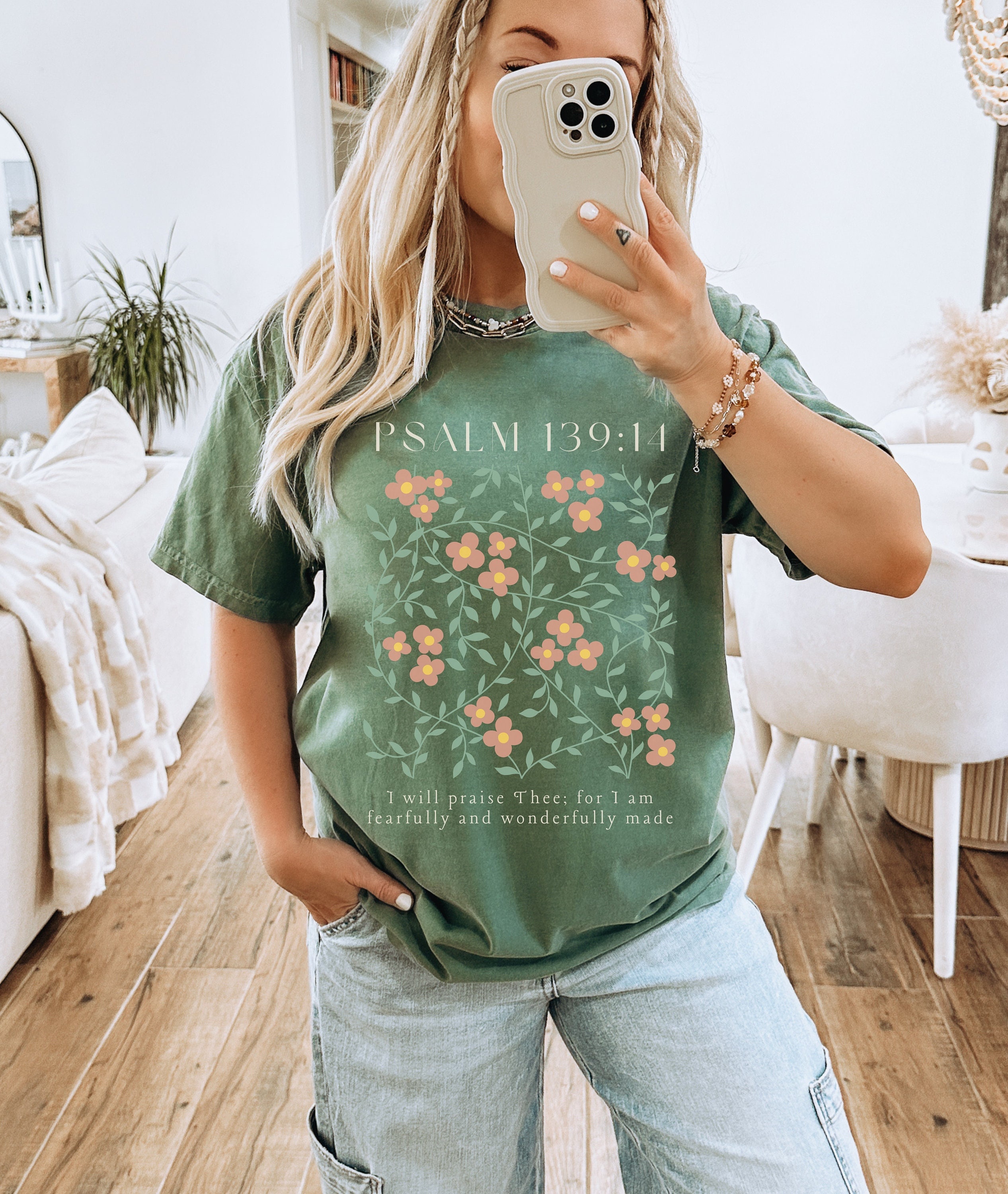 Timorosamente e meravigliosamente realizzata Christian Comfort Colors Tshirt Salmo 139:14 Camicia cristiana carina Camicia da donna Cottagecore Scrittura Camicia Regali