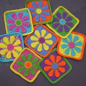 Fleurs au crochet, motif carré grand-mère, motif marguerite rétro pour sac, couverture, cardigan | Projet vintage adapté aux débutants avec des restes de fil