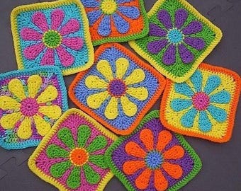 Crochet flowers granny square pattern, retro daisy motif for bag, blanket, cardigan | beginner friendly vintage project with leftover yarn