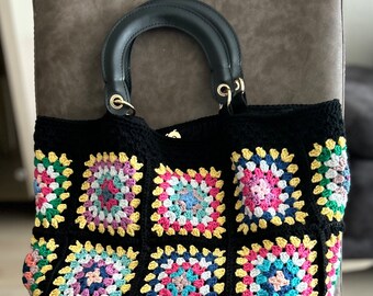 Big tote bag, Crochet Granny square bag, handmade shoulder bag with Leather shoulder straps, summer bag, Gift for woman, mother day gift