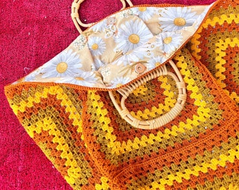 Sunny Yellow Granny Square Market Bag with Wooden Handle - Lined Crochet Tote Beach Handbag