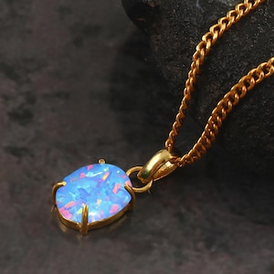 Blue Opal Pendant Necklace, Oval Opal Pendant, October Birthstone Necklace, 14K Gold Filled Pendant, Fire Opal Jewelry, Gift For Her