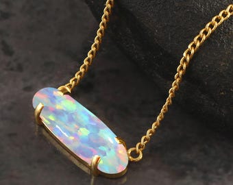 White Bello Opal Pendant Necklace, Oval Opal Pendant, October Birthstone Necklace, 14K Gold Filled Pendant, Fire Opal Jewelry, Gift For Her