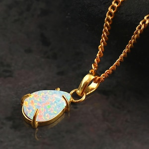 White Pear Opal Pendant Necklace, Fire Opal Pendant, October Birthstone Necklace, Sterling Silver Pendant, Opal Jewelry, Gift For Her