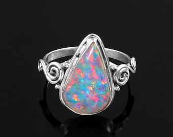 Pink Opal Sterling Silver Ring, Genuine Fire Opal Ring, Authentic Opal Engagement Ring, October Birthstone Ring, Opal Handmade Ring