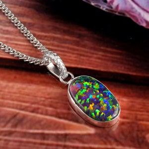 Black Opal Pendant, Blue Green Fire Opal Necklace, Sterling Cilver Necklace, October Birthstone Pendant, Minimalist Jewelry, Gift For Her