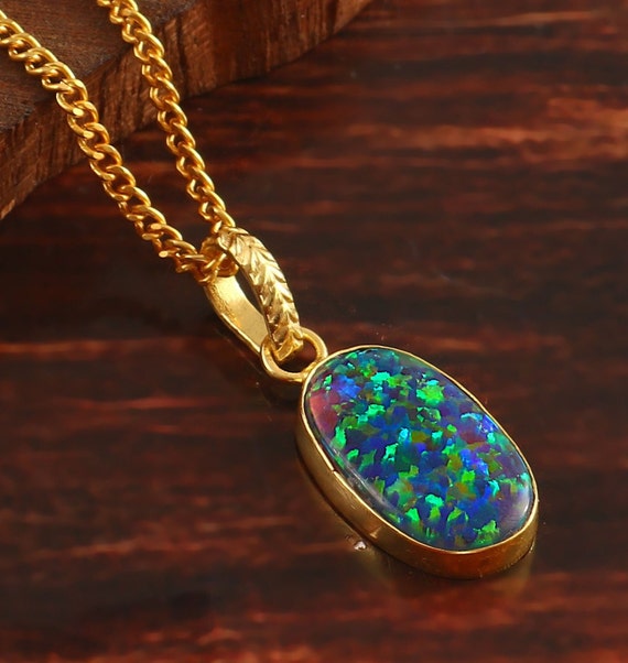 Black Opal Pendant, Blue Green Fire Opal Necklace, 14K Gold Filled