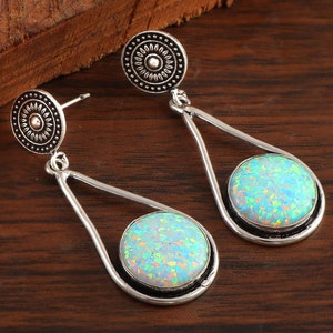 Solid Sterling Silver Round White Opal Dangle Earrings, Starling Silver Earring, Anniversary Gift Jewelry, Gift For Her, Hammerd-Finish