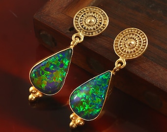 Opal Earring, Black Opal Pear Earring, 14K Gold Filled, Green Fire Opal, Opal Dangle Earrings, Opal Stud, Anniversary Gift, Gift For Her